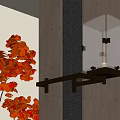 Textured Glass Wall Sconce With Metal Bracket Mounted On Wooden Wall And Red Leaf Decor