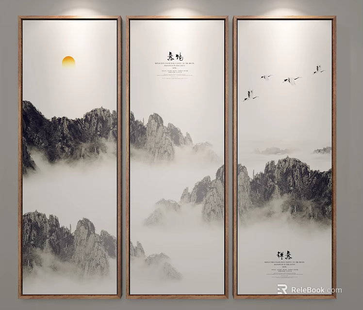 Traditional Chinese Landscape Painting With Misty Mountain Peaks Clouds Sun And Flying Birds 3d model 
