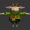 Cartoon Goat With Brown Horns Glasses Green Coat Scarf Backpack Open Arms On Dark Background