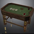 Wooden Carved Poker Table With Green Felt Surface And Playing Cards Chips Cup