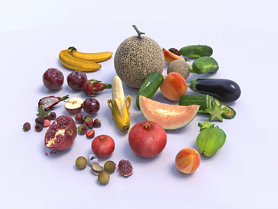 Assorted Fresh Fruits Including Bananas Cantaloupe Pomegranates Apples Peaches And Strawberries On White Background 3d model