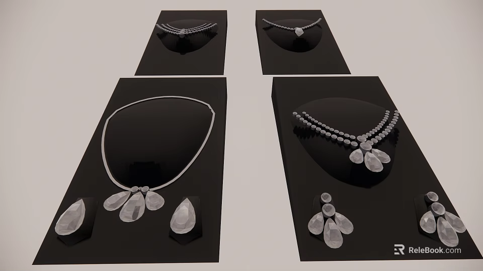 Stylish Necklaces Featuring Flower Teardrop Pendants And Pearl Accents On Black Displays 3d model 