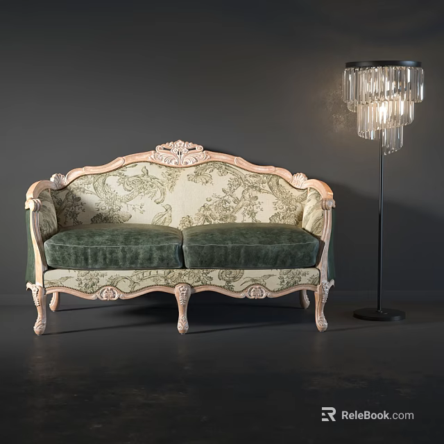 Classic Multi Person Sofa With Carved Wooden Frame And Dark Green Velvet Cushions 3d model 