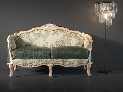 Classic Multi Person Sofa With Carved Wooden Frame And Dark Green Velvet Cushions 3d model