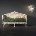 Classic Multi Person Sofa With Carved Wooden Frame And Dark Green Velvet Cushions