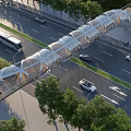 Modern Transparent Roof Pedestrian Overpass Crossing Wide Multi Lane Urban Road With Lush Surrounding Greenery