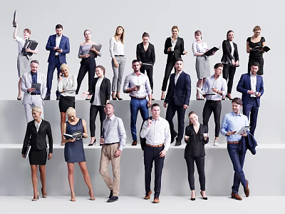 Group of Business People Standing Together Holding Documents Against Grey Background 3d model