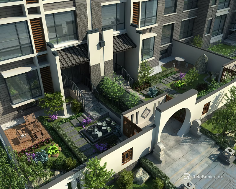 Chinese Style Villa Courtyard Garden Landscape With Green Plants Stone Path And Archway 3d model 