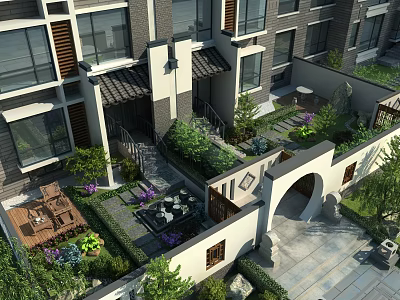 Chinese Style Villa Courtyard Garden Landscape With Green Plants Stone Path And Archway 3d model