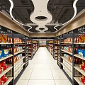 Well Organized Supermarket Interior With Shelves Stocked Full Of Snacks Beverages And Grocery Products