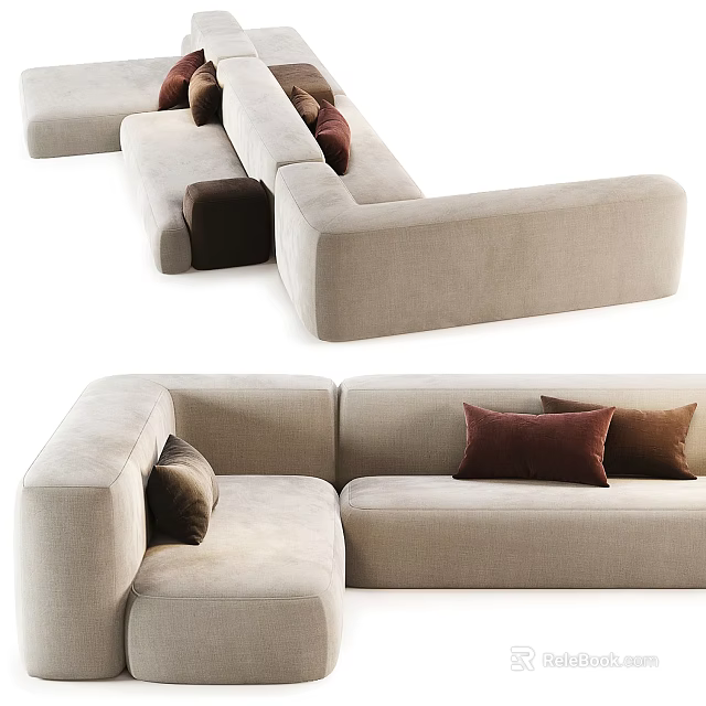Modern Beige Sectional Sofa With Soft Upholstery And Brown Accent Pillows 3d model 