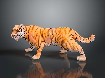 Plush Striped Tiger Toy Standing On Reflective Black Surface With Gradient Background 3d model