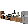 Modern Kitchen Interior With Wooden Cabinets Oven Range Hood And Refrigerator