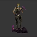 Bearded Miner Character In Vest Holding Pickaxe With Mining Lamp On Stone Base