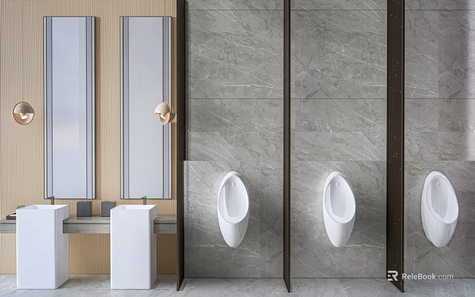 Modern Public Restroom Design With Urinals Mirrors Washbasins And Marble Walls 3d model 