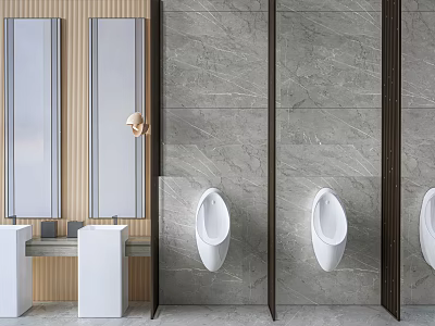 Modern Public Restroom Design With Urinals Mirrors Washbasins And Marble Walls 3d model