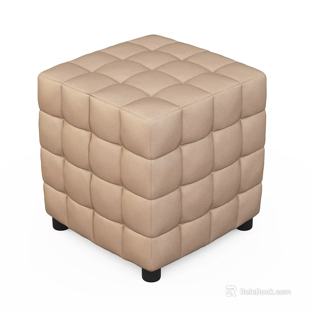 Beige Leather Diamond Tufted Ottoman with Square Pattern and Black Legs 3d model