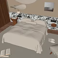 Double Bed with Beige Quilt Black White Patterned Headboard Wooden Floor Nightstand and Open Book