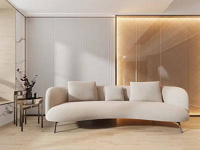 Curved Beige Sectional Sofa with Side Table in Light Wood Floor Space and Lighted Partition 3d model