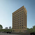 Yellow Classical Multi Story Hotel Building With Multiple Windows Surrounded by Trees And Blue Sky 3d model
