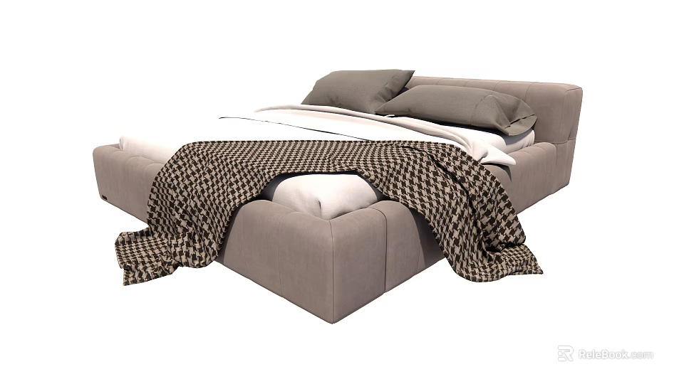 Modern Gray Upholstered Double Bed With Gray Pillows White Sheets And Plaid Blanket 3d model 