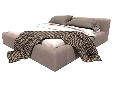 Modern Gray Upholstered Double Bed With Gray Pillows White Sheets And Plaid Blanket 3d model