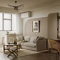 Modern Living And Dining Room Interior With Beige Sofa Coffee Table Window Blinds And Decorative Painting