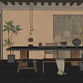 Traditional Tea Room Interior with Wooden Ceiling Shoji Screen Tea Sets and Potted Plants