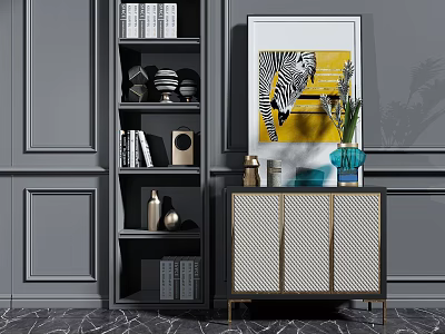 Gray Paneled Background Wall Decorated with Black Bookshelf Golden Cabinet Yellow Zebra Painting Blue Vase 3d model