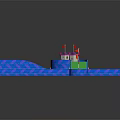 Cartoon Mini Golf Course Scene with Green Path Blue Borders Red Flag and Buckets
