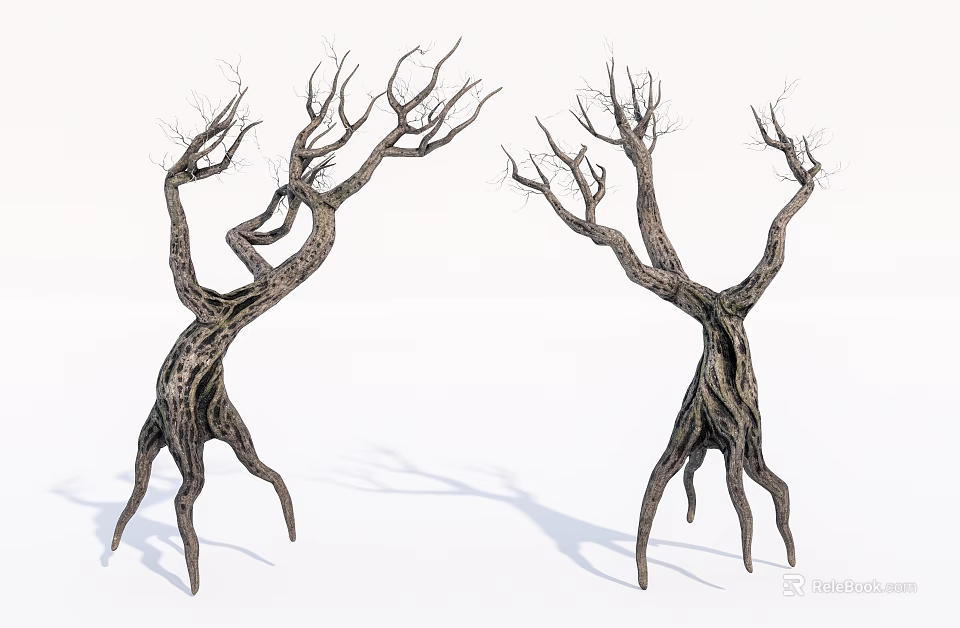 Leafless Trees With Twisted Trunks And Root Like Legs Artistic Design 3d model 