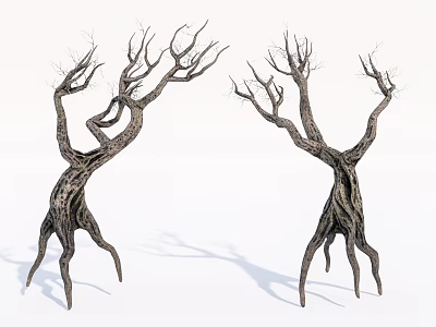 Leafless Trees With Twisted Trunks And Root Like Legs Artistic Design 3d model