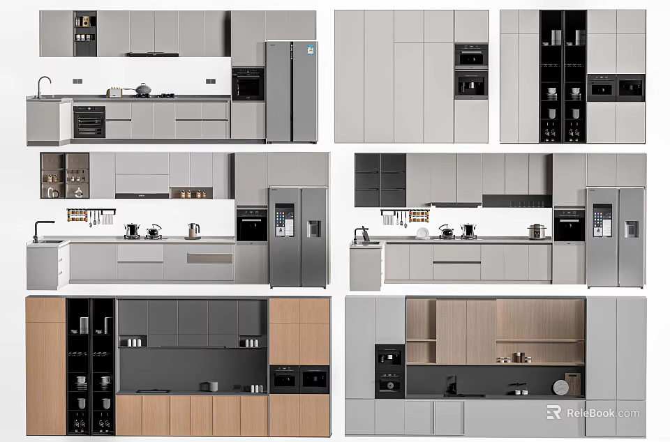 Modern Kitchen Design With Gray And Wood Cabinets Upper Lower Storage Units 3d model 