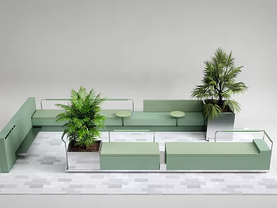 Modern Green Landscape Seating With Plants Small Tables And Gray Tiled Floor 3d model
