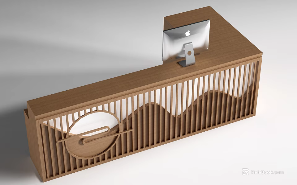 Modern Wooden Reception Desk With Wavy Lattice Design And Apple iMac 3d model 
