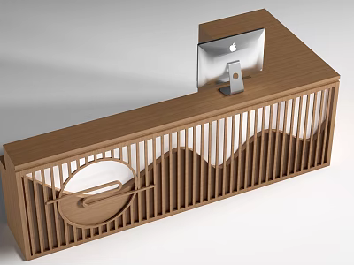 Modern Wooden Reception Desk With Wavy Lattice Design And Apple iMac 3d model