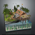 Tropical Beachside Cottage With Red Roof Wooden Deck Palm Trees And Water