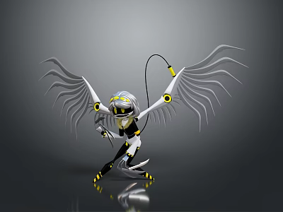 Game And Movie Character With White Feathered Wings Sci Fi Design Black And White Outfit 3d model