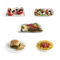 Assorted Delicious Food Plates Featuring Stuffed Bell Peppers Fresh Salad Sandwiches Hamburger Fries and Spaghetti