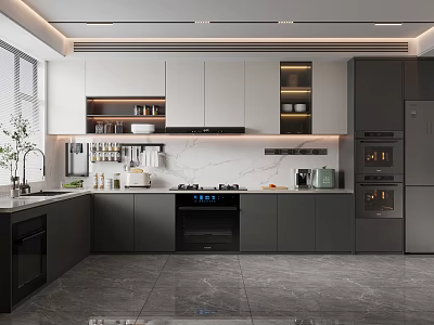 Modern Kitchen Interior With Gray White Cabinetry Marble Countertops And Stainless Steel Appliances 3d model