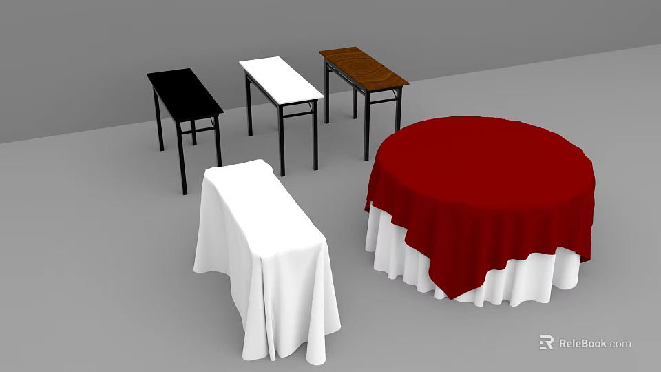 Dining Tables With Black White Brown Tops Black Legs White Red Tablecloths And Skirt 3d model 