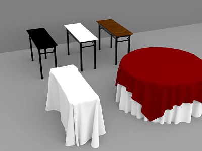 Dining Tables With Black White Brown Tops Black Legs White Red Tablecloths And Skirt 3d model