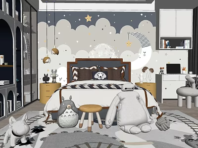 Cozy Kids Room Interior Design With Starry Sky Cloud Wallpaper And Stuffed Toys 3d model