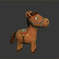 Cartoon Style Orange Toy Horse With Decorative Saddle Green Red Patterns Tassels And Bridle