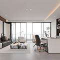 Modern Office Interior Design With Large Windows City View Sofa Coffee Table And Bookshelves