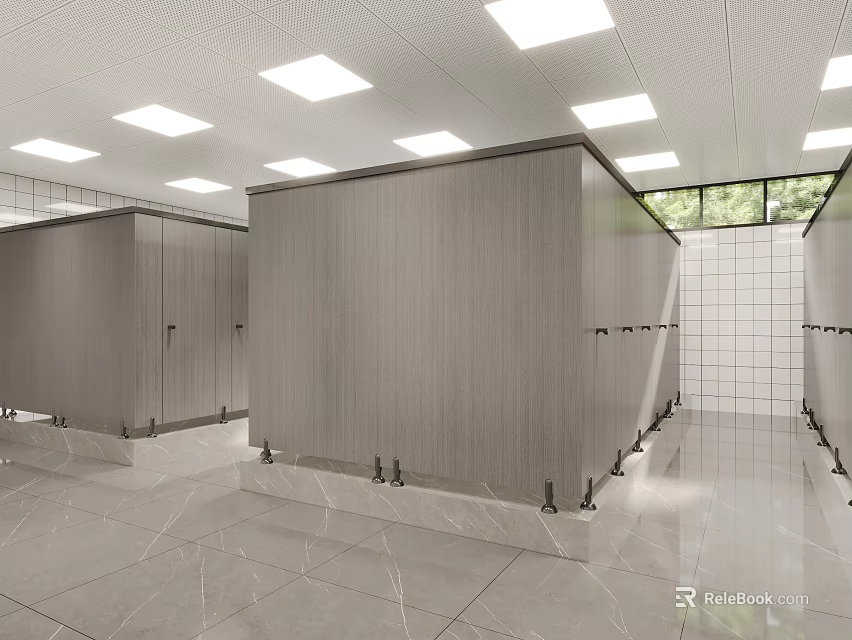 Modern Public Restroom Interior With Cubicles Tiled Floors And Ceiling Lights 3d model 