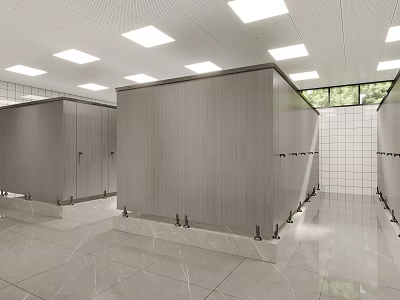 Modern Public Restroom Interior With Cubicles Tiled Floors And Ceiling Lights 3d model
