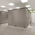 Modern Public Restroom Interior With Cubicles Tiled Floors And Ceiling Lights