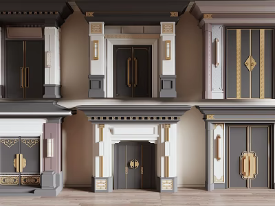 Modern Storefront Facade Designs With Gray Gold Accents Symmetric Columns And Ornate Metal Handles 3d model