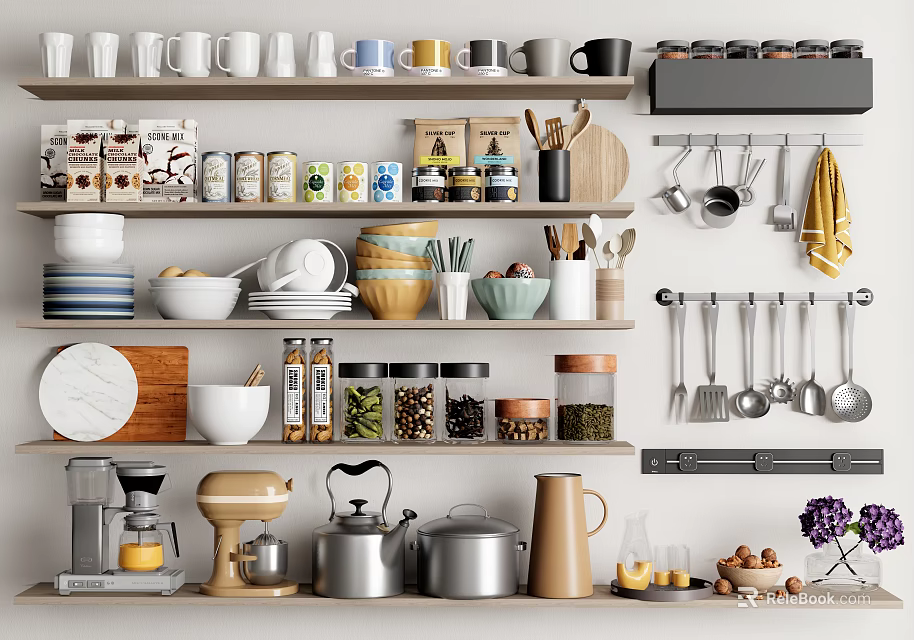 Diverse Kitchenware Assortment On Kitchen Shelves Including Cups Jars Pots And Cooking Tools 3d model 
